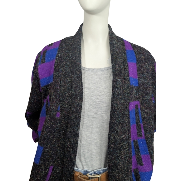 Vintage 80s Abstract Metallic Cardigan Sweater – Purple & Cobalt – Size L - Picture 5 of 13